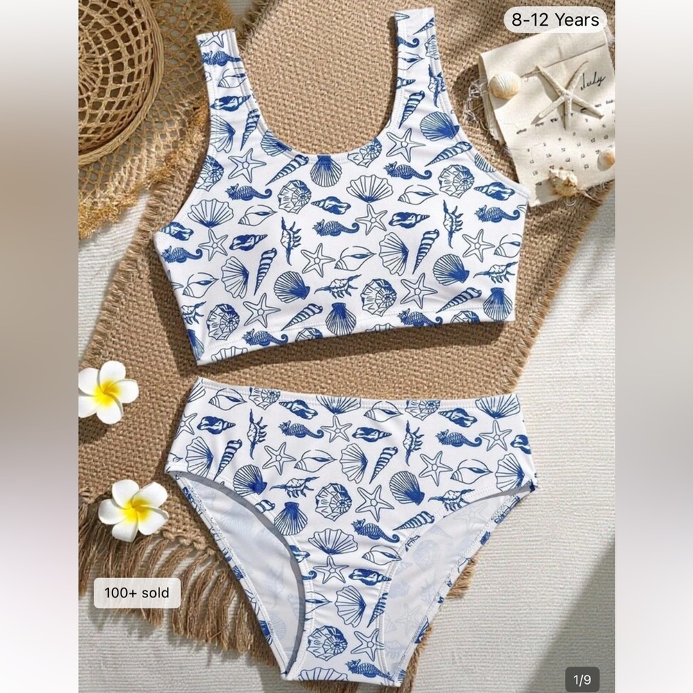 SHEIN Tween Girls Tankinis With Shells Ocean Print, High Waist Swim Two Piece